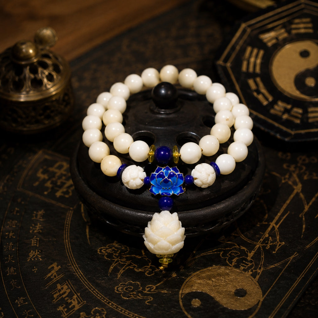 Close-up of an authentic Taoist KaiGuang white jade bodhi bracelet featuring a blue enamel lotus charm, resting on a traditional energy-cleansing plate.