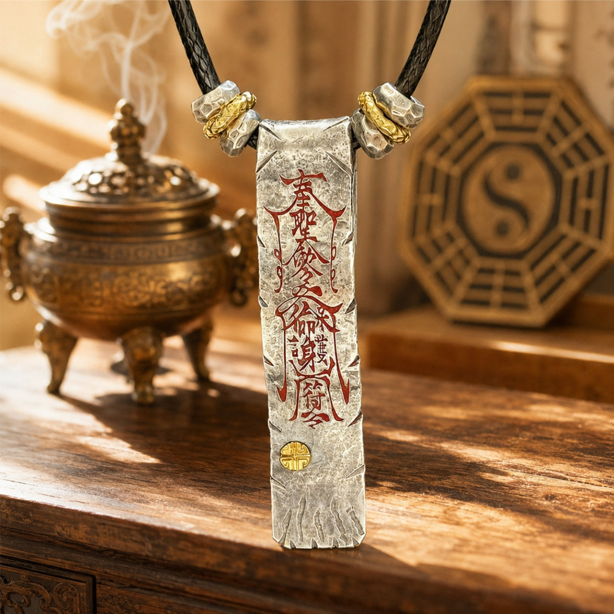 925 sterling silver Taoist dual-sided protection and fortune talisman pendant with red cinnabar front inscription and black cord.
