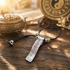 Full view of a Taoist dual-sided protection and fortune talisman necklace with silver pendant, cinnabar details, and adjustable black cord.