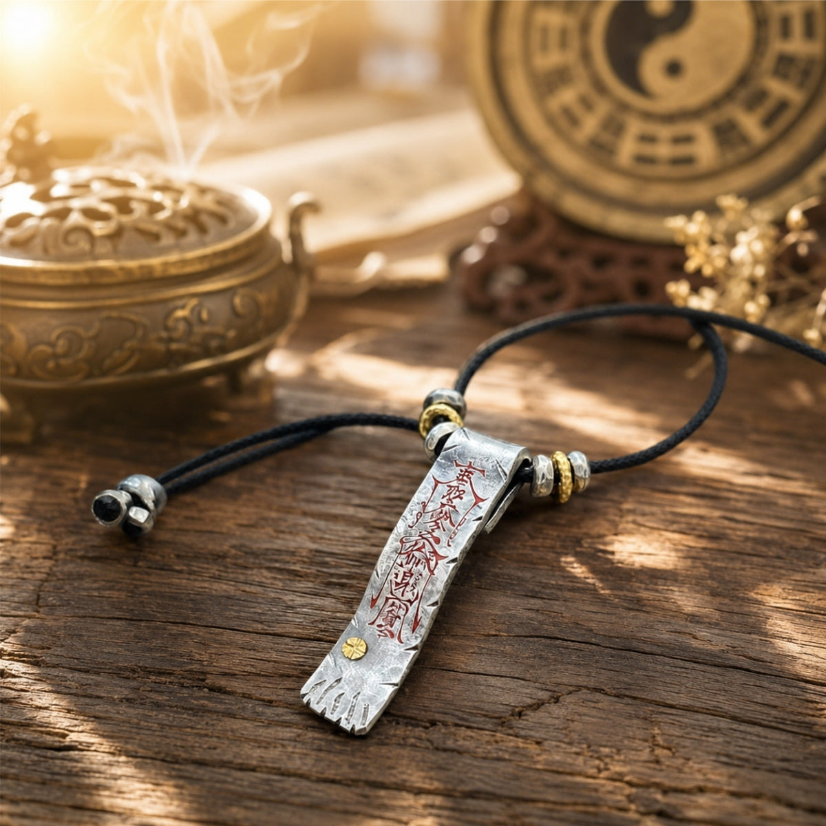 Full view of a Taoist dual-sided protection and fortune talisman necklace with silver pendant, cinnabar details, and adjustable black cord.