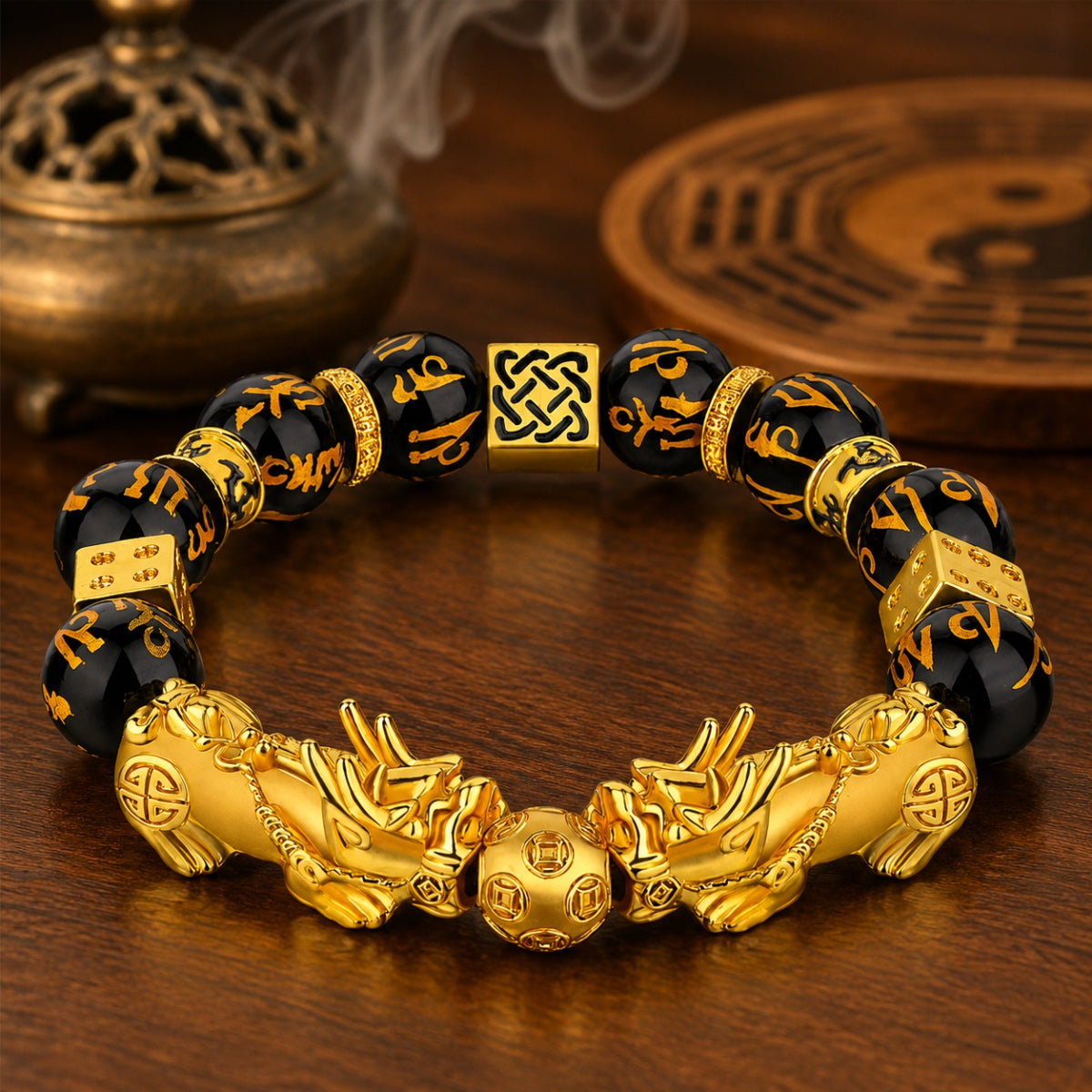 Double Pixiu wealth attraction bracelet with black obsidian mantra beads, prepared with a Taoist KaiGuang Blessing.