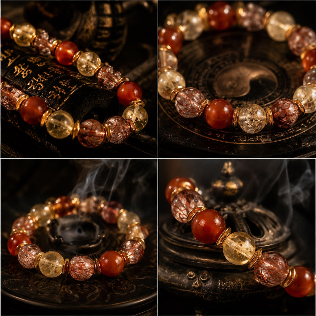 Taoist Kaiguang good luck bracelet displayed with traditional altar symbols and incense