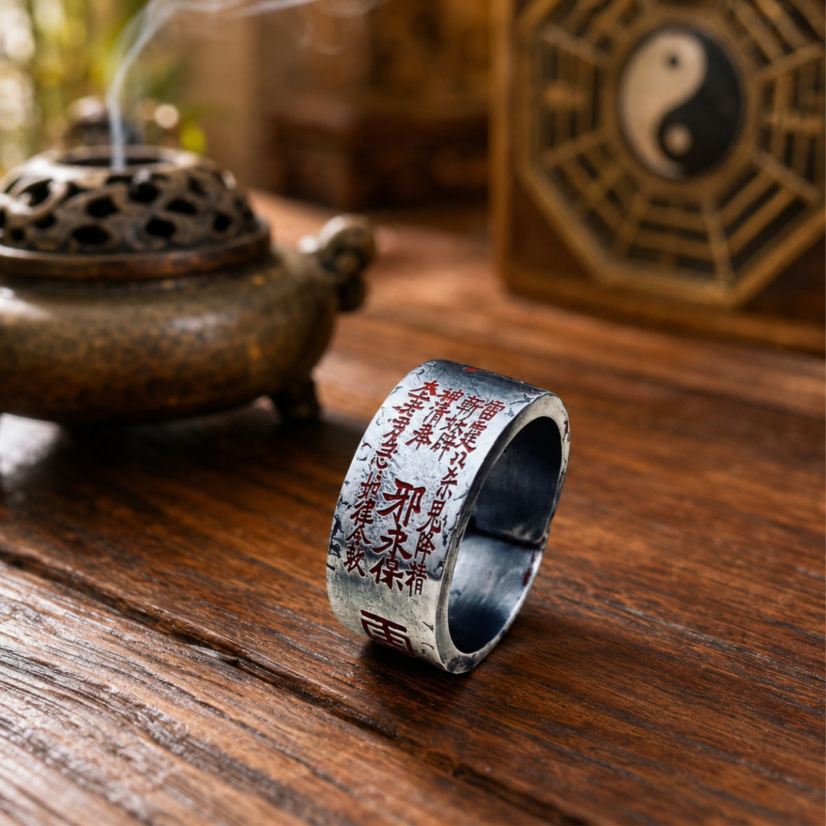 Handcrafted 925 silver Taoist Mountain Ghost Five Thunder protection ring with red cinnabar talisman engraving.