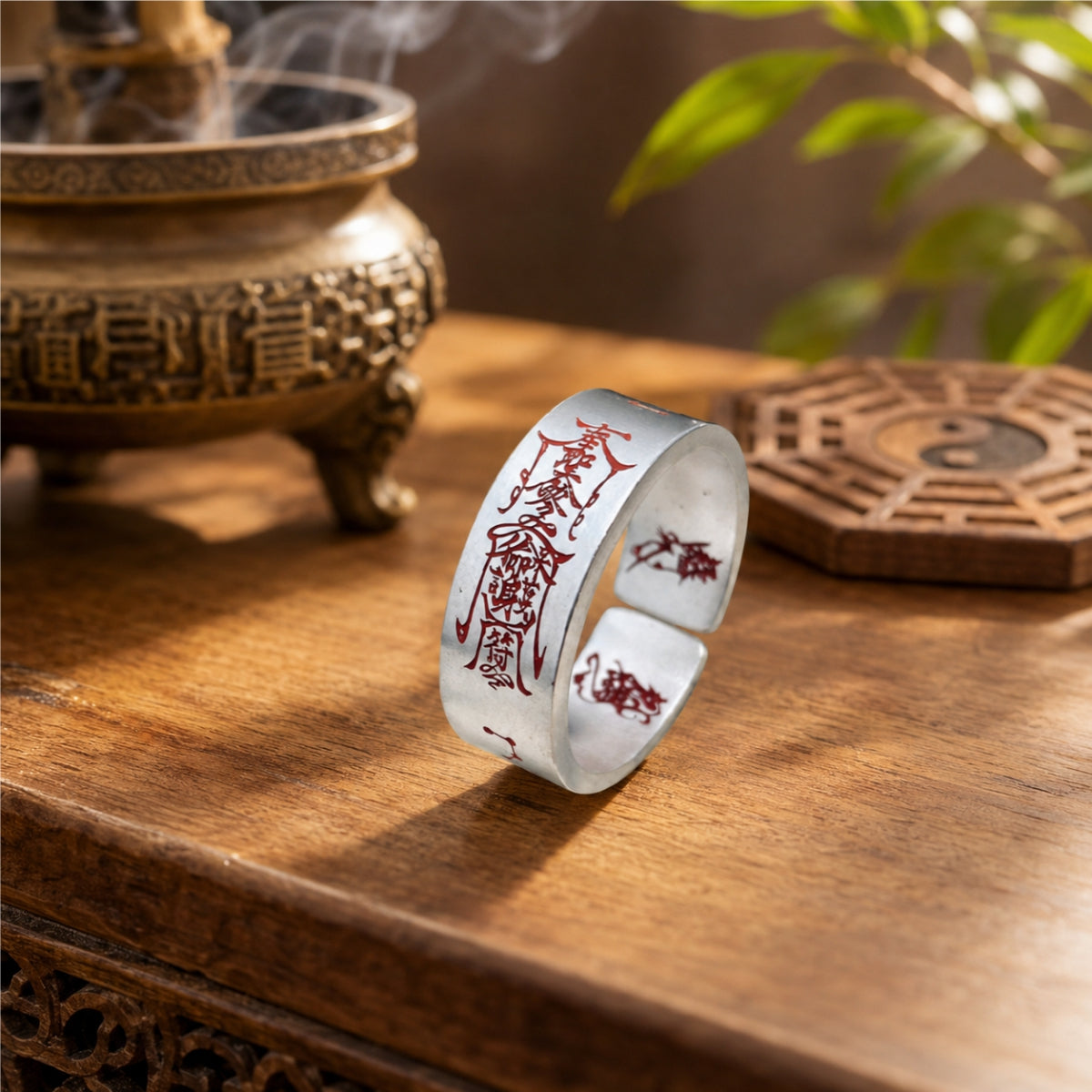 Handcrafted 925 sterling silver Taoist negative energy protection ring with red cinnabar protection talisman and inner protective seals.