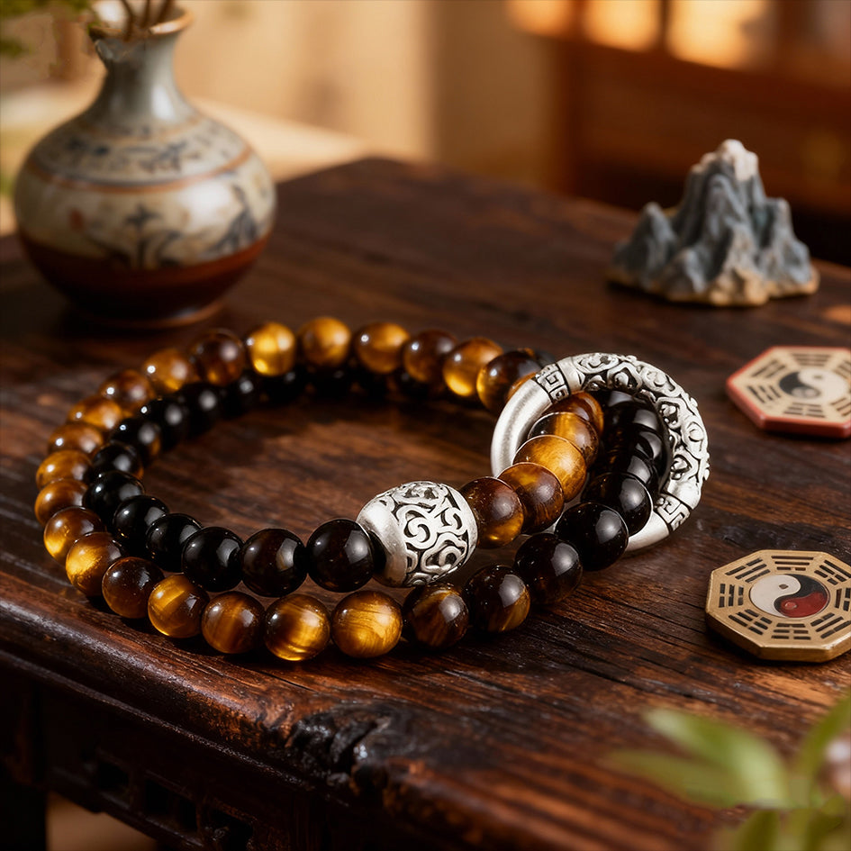 Taoist protection bracelet with Black Obsidian and Tiger Eye Stone, close-up on tabletop showing natural stone texture and energy balance design