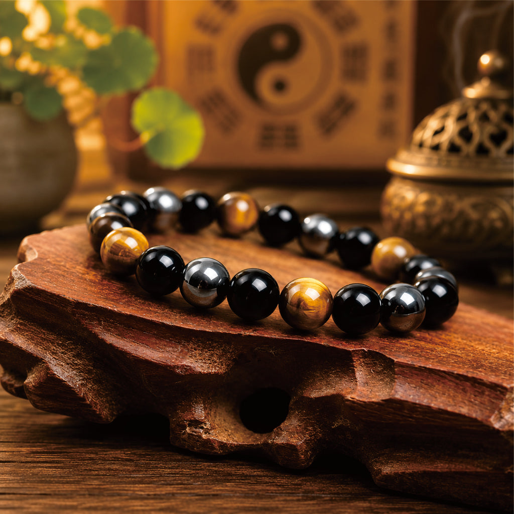 Taoist protection bracelet for work displayed on a wooden stand with a yin yang Bagua symbol