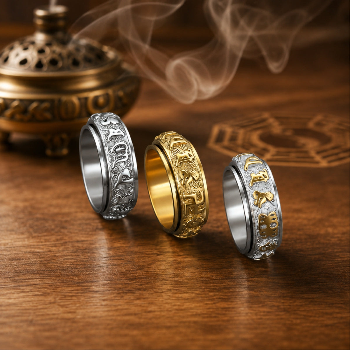 Taoist protection spinner rings with engraved rune details in silver and gold-tone finishes.