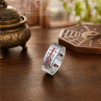 Handcrafted adjustable Taoist protection ring with red cinnabar talisman details for negative energy protection.
