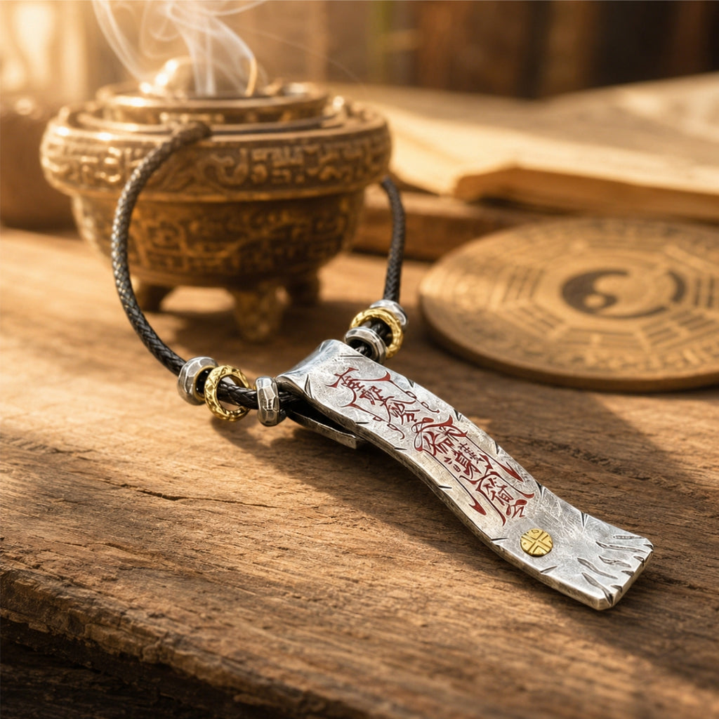 Handcrafted 925 silver Taoist dual-sided protection and fortune talisman pendant with red cinnabar inscription, displayed beside an incense burner.