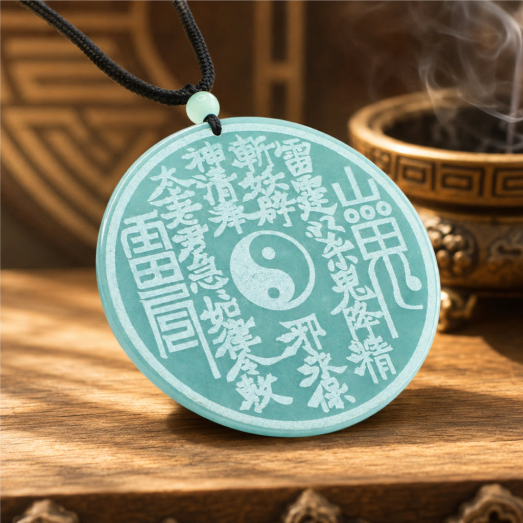 Blue-green jade Taoist Shan Gui protection talisman pendant with engraved symbols and a Yin-Yang center.