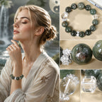  Woman wearing a career advancement energy bracelet with close-up views of green crystal and clear quartz beads