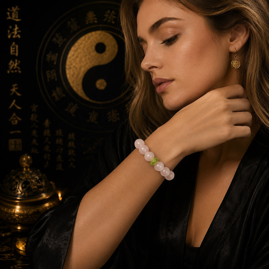 Woman wearing a Taoist KaiGuang heart healing bracelet with pink and green crystal beads