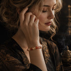 Woman wearing a Taoist blessed good luck energy bracelet during a quiet spiritual moment