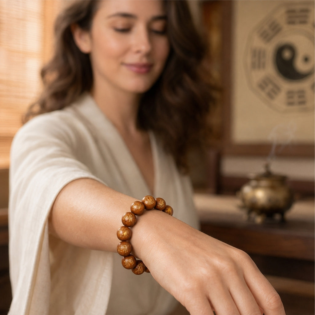 Woman wearing a brown wood Taoist Five Thunders protection bracelet in a Tai Chi and incense setting