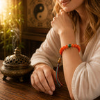 Woman wearing a South Red Agate wealth attraction bracelet with a Taoist gourd pendant in a Taoist incense setting
