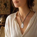 Female model wearing a Taoist dual-sided protection talisman necklace with hand-painted cinnabar talisman details