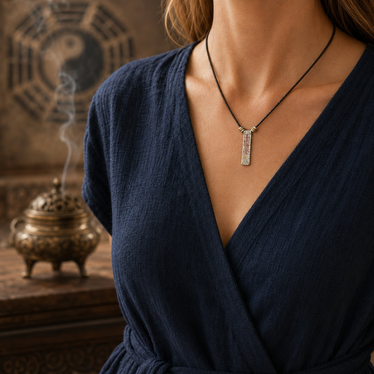 Female model wearing a Taoist dual-sided protection and fortune talisman necklace with a handcrafted silver cinnabar pendant.