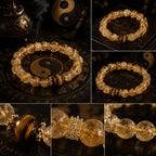 Citrine tiger eye abundance manifestation bracelet six angle detail collage gold spacers tiger eye bead close up faceted citrine beads Taoist yin yang KaiGuang consecrated