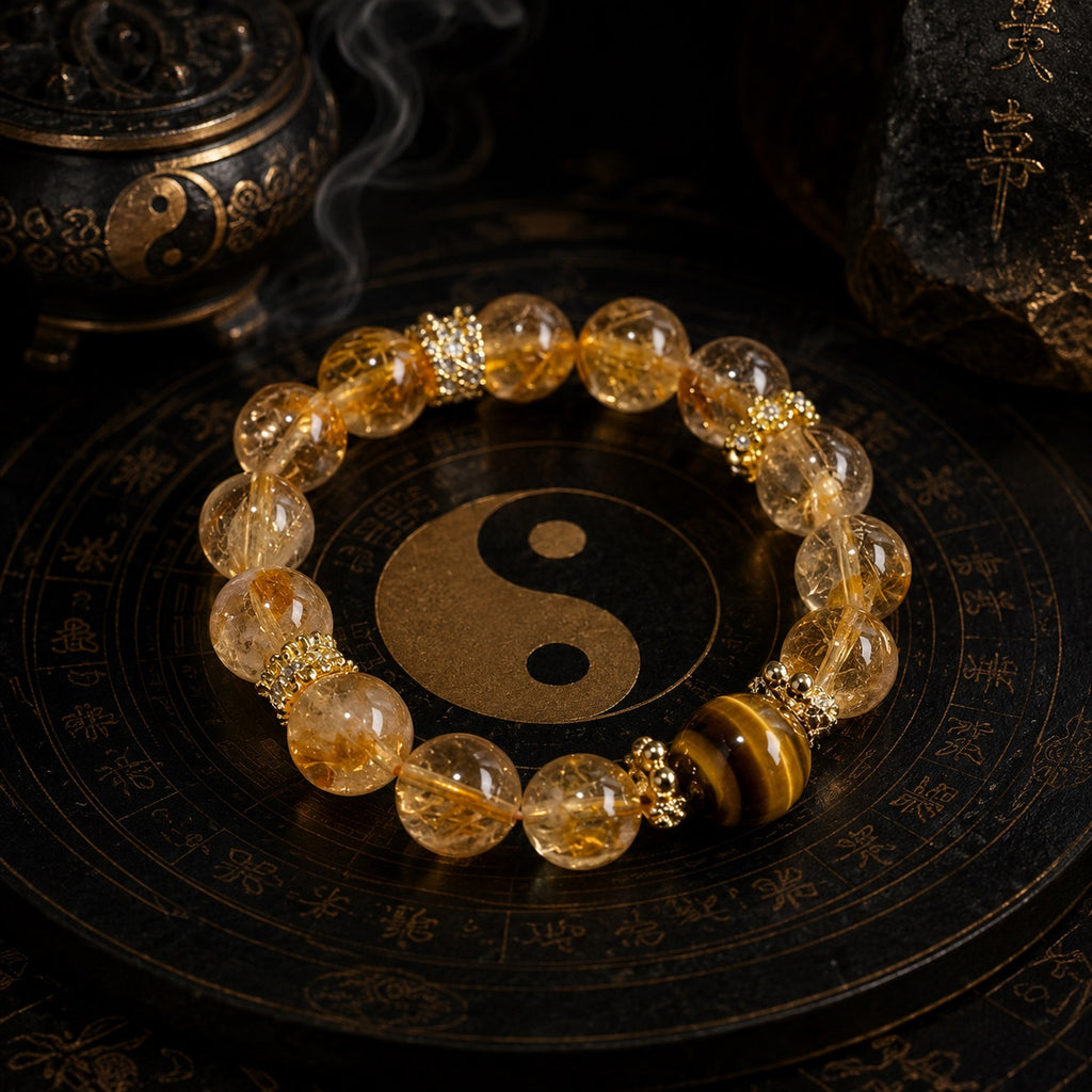 Natural citrine and tiger eye abundance manifestation bracelet with gold crown spacers on Taoist yin yang plate incense burner background Longhu Mountain KaiGuang