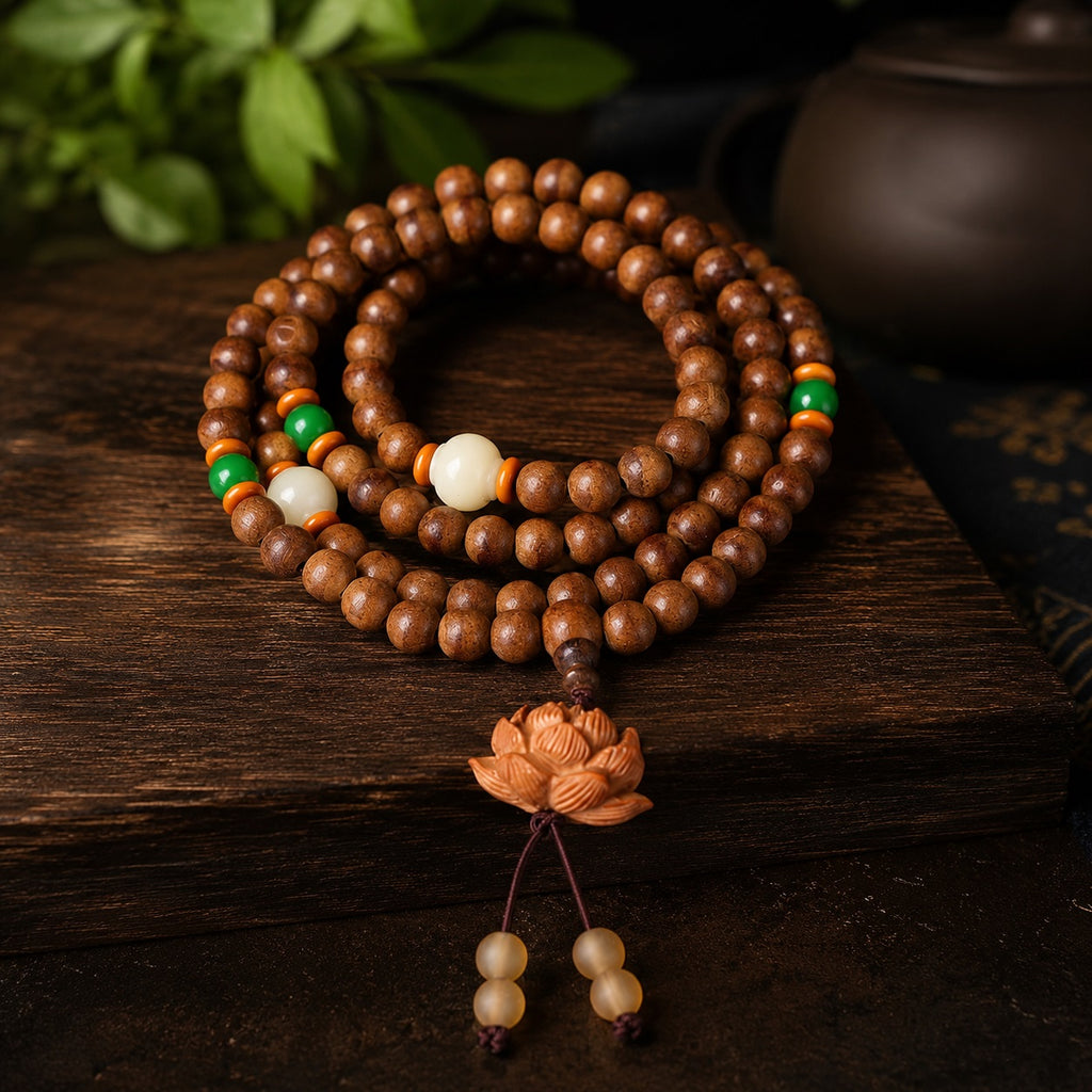 TAIJIAURA consecrated agarwood mala 108 beads laid flat in circle on dark wooden table with jade green orange accent beads carved lotus pendant purple clay teapot green leaves spirit gathering deep meditation focus