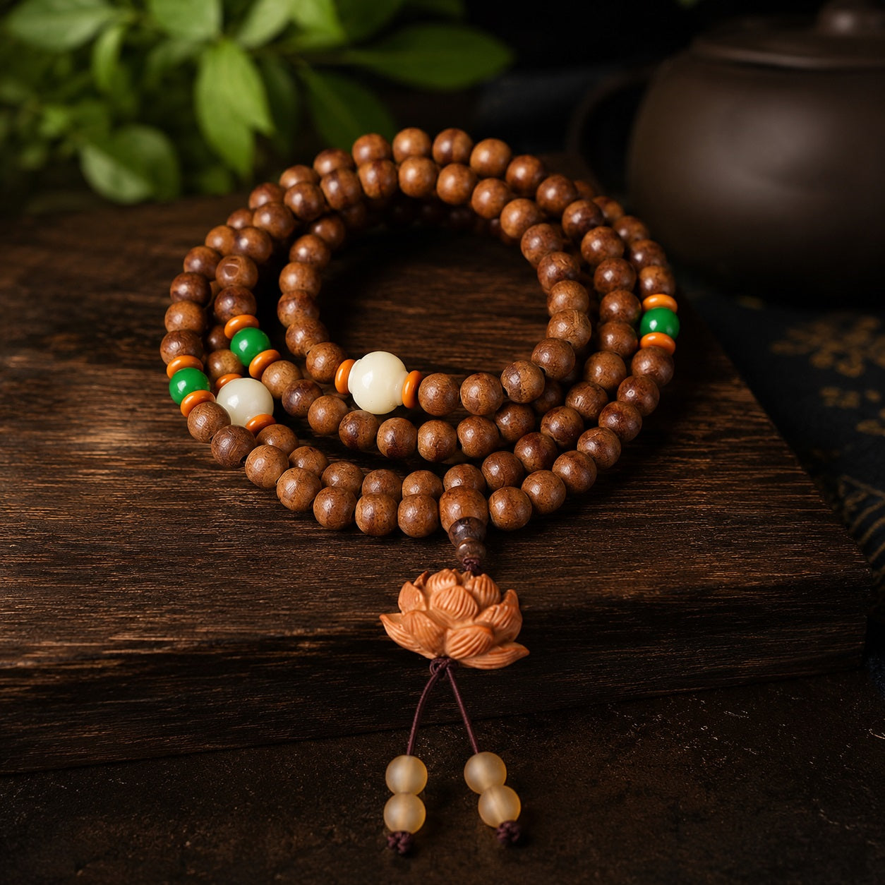 TAIJIAURA consecrated agarwood mala 108 beads laid flat in circle on dark wooden table with jade green orange accent beads carved lotus pendant purple clay teapot green leaves spirit gathering deep meditation focus