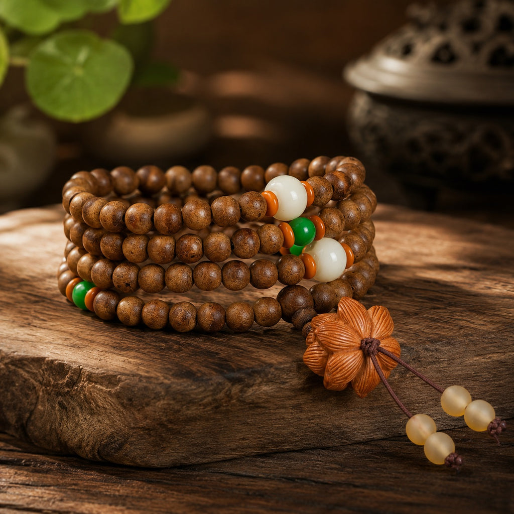 TAIJIAURA consecrated agarwood mala 108 beads stacked on natural stone with jade green white accent beads carved flower pendant bronze incense burner green leaves warm light spiritual anchor clarity energetic fortification