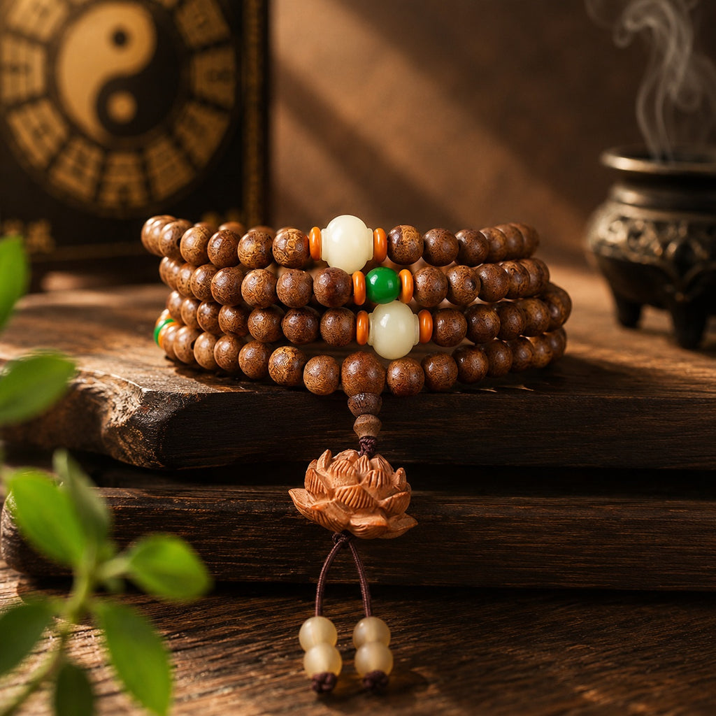 TAIJIAURA consecrated agarwood mala 108 beads coiled on dark aged wooden board with jade green and white accent beads carved lotus pendant yin yang bagua clock bronze incense burner smoke warm golden light Taoist meditation anchor