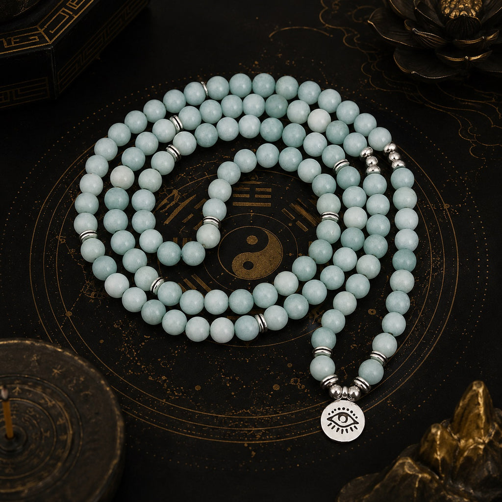 Amazonite 108 bead mala necklace laid flat on black yin yang bagua plate with eye of truth silver pendant Taoist KaiGuang meditation grounding