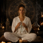 Woman in white meditating with amazonite 108 bead mala necklace eye of truth pendant candlelit Taoist ritual room anxiety relief emotional grounding