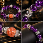 Amethyst crown chakra bracelet four angle detail collage strawberry quartz focal bead clear quartz silver butterfly spacers purple beads close up KaiGuang