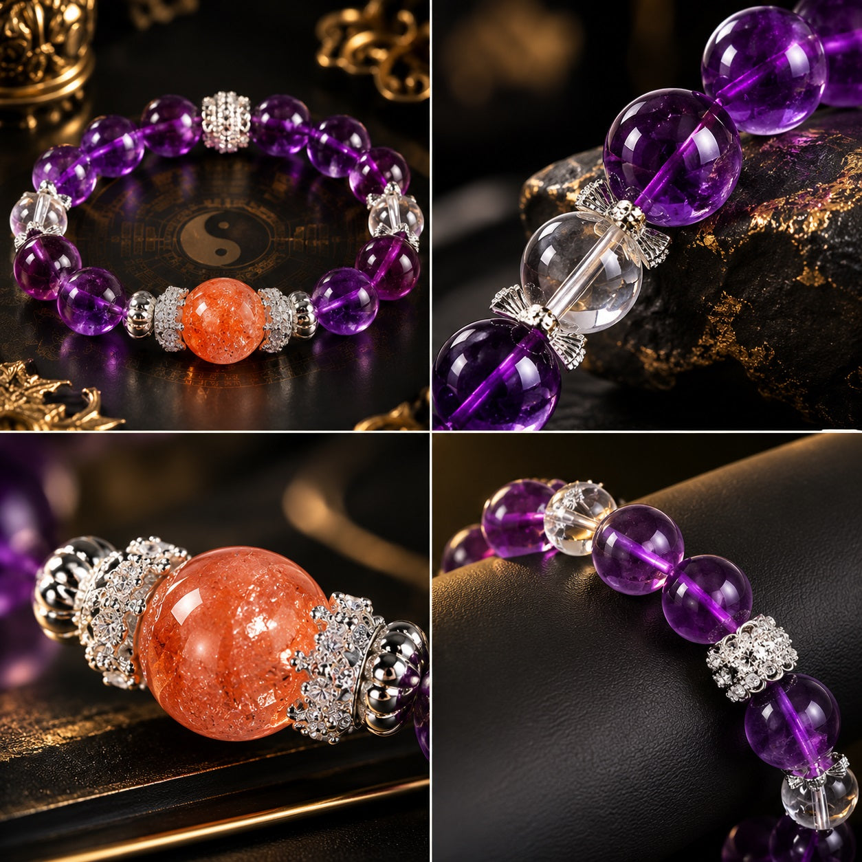 Amethyst crown chakra bracelet four angle detail collage strawberry quartz focal bead clear quartz silver butterfly spacers purple beads close up KaiGuang