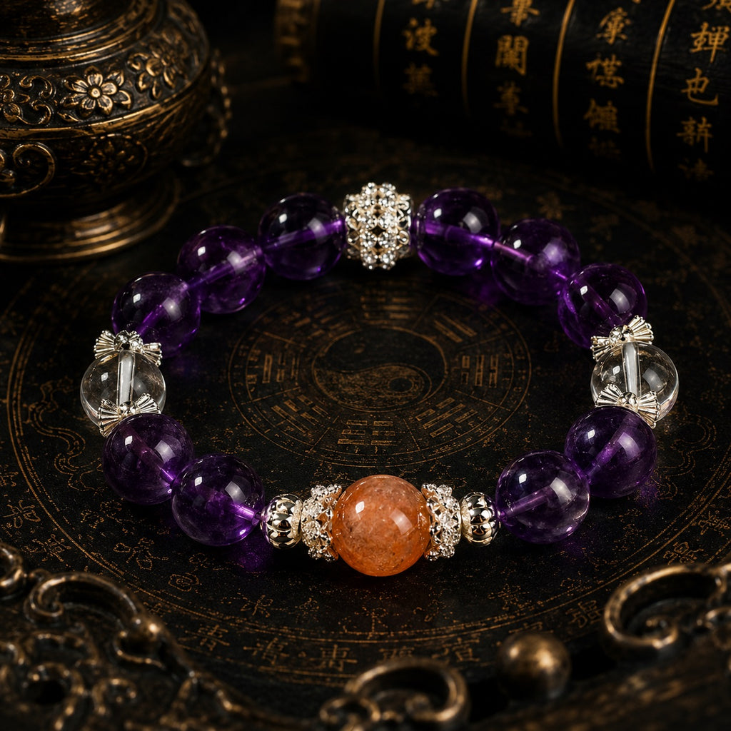 Amethyst crown chakra bracelet with strawberry quartz clear quartz silver spacers on Taoist bagua plate dark gold background KaiGuang spiritual awakening