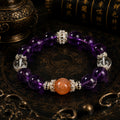 Amethyst crown chakra bracelet with strawberry quartz clear quartz silver spacers on Taoist bagua plate dark gold background KaiGuang spiritual awakening