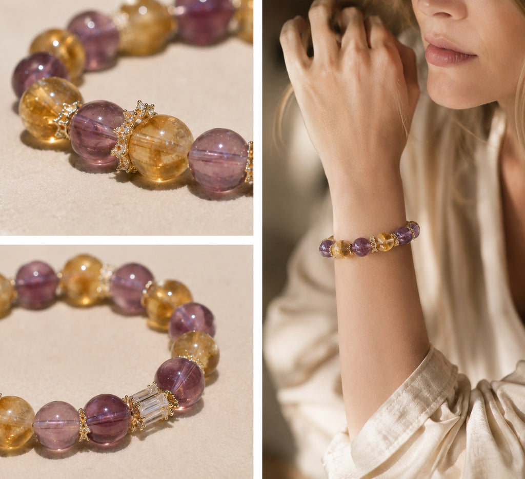 Ametrine anxiety relief bracelet detail showing amethyst citrine beads with gold spacers and woman wearing crystal healing bracelet on wrist Taoist KaiGuang sleep calm love