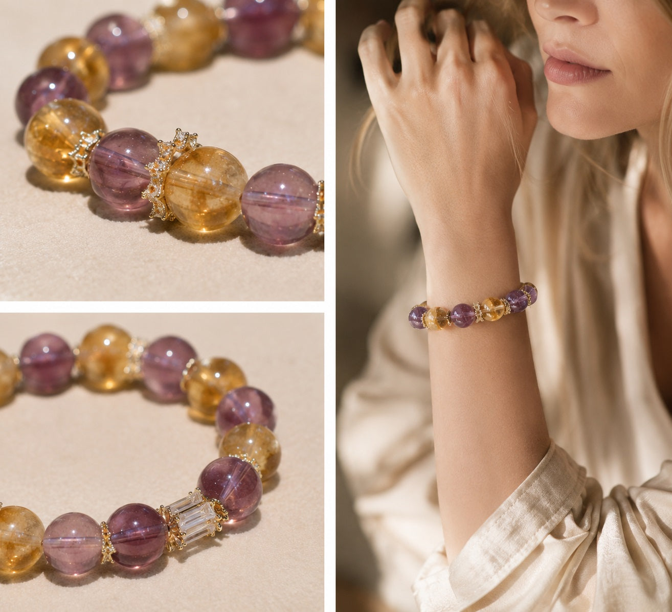 Ametrine anxiety relief bracelet detail showing amethyst citrine beads with gold spacers and woman wearing crystal healing bracelet on wrist Taoist KaiGuang sleep calm love