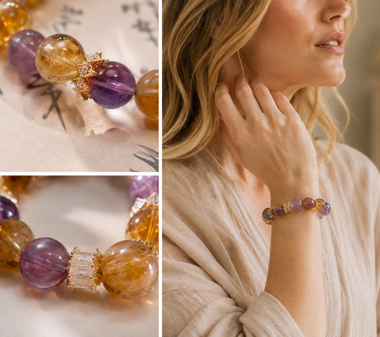 Ametrine crystal healing bracelet close up showing gold star and clear crystal spacers beside blonde woman wearing purple citrine bracelet Taoist KaiGuang anxiety relief calm