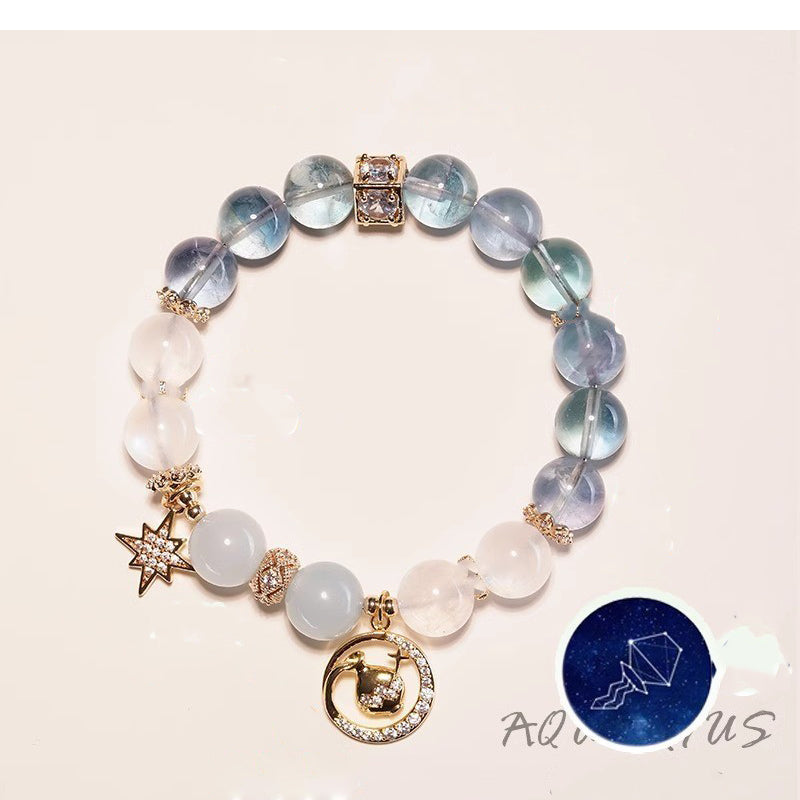 Aquarius zodiac blue fluorite and white chalcedony crystal healing bracelet with gold star charm and water bearer constellation charm Taoist KaiGuang manifestation spiritual jewelry