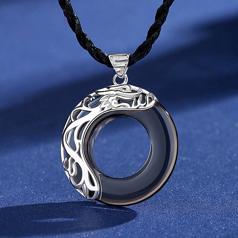 Black Agate Koi KaiGuang Necklace Silver Dragon Pattern Taoist Consecrated Love Protection Women
