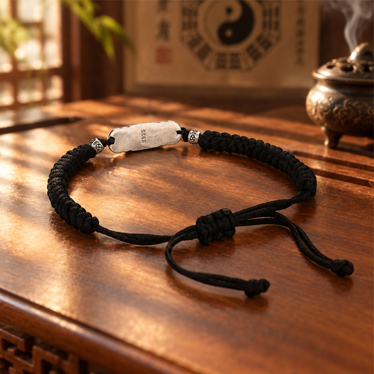 Black cord Taoist talisman bracelet with silver luck charm resting on a wooden tea table
