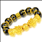 Black obsidian double Pixiu bracelet side view gold infinity knot spacer six syllable mantra KaiGuang wealth protection