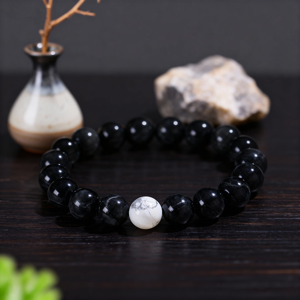 Taoist KaiGuang yin yang his bracelet detail — polished black obsidian beads map stone center bead matching couple bracelet