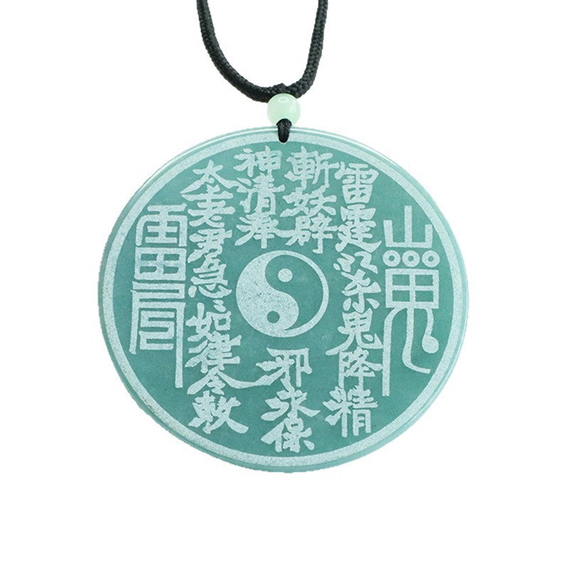 natural blue-green jade Shan-Gui coin pendant with yin yang talisman taoist kaiguang amulet evil ward protection