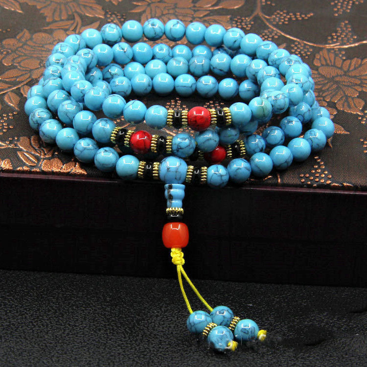 Consecrated Blue Turquoise 108 mala beads bracelet for public speaking confidence.