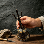Hand holding a brass Taoist Sanqing bell engraved with The Tao Follows Nature