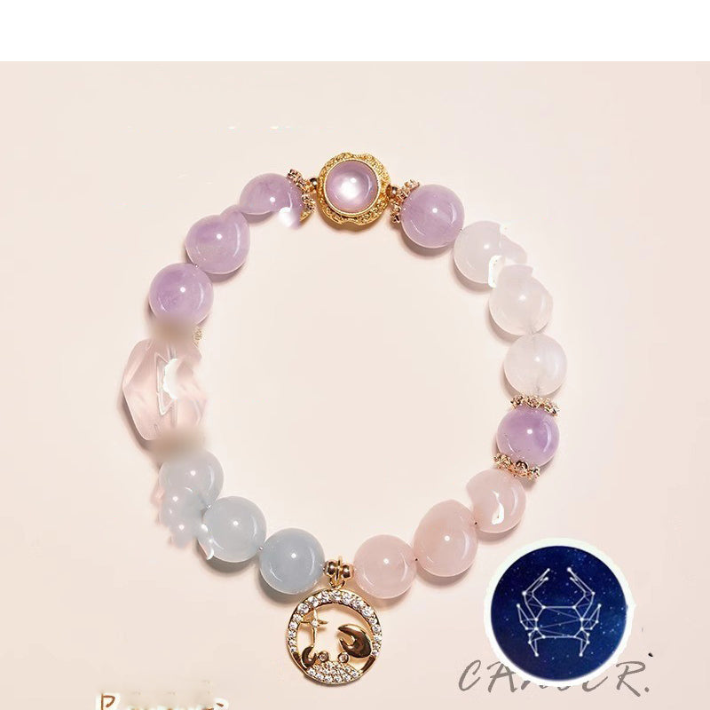 Cancer zodiac rose quartz and aquamarine crystal healing bracelet with gold constellation charm Taoist KaiGuang love attraction manifestation spiritual jewelry