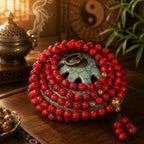 Imperial red cinnabar sacred lotus 108 bead mala wrapped around antique celadon incense burner with gold accent spacer beads yin yang backdrop deep stillness meditation

