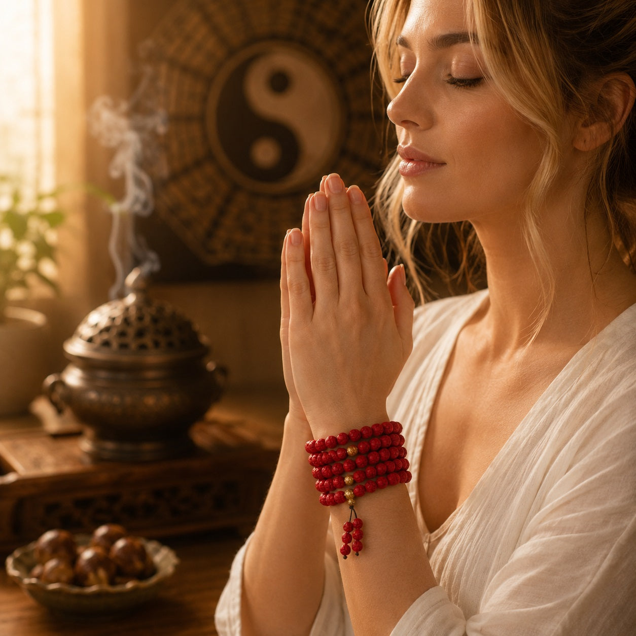 Woman in white linen wearing sacred lotus cinnabar 108 bead mala as multi-wrap bracelet hands in prayer pose yin yang backdrop incense smoke Taoist KaiGuang spiritual boundary
