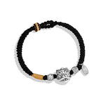 Black and gold braided cord men love protection bracelet with silver lion head charm rune beads and oval tag on white background Taoist KaiGuang guardian jewelry