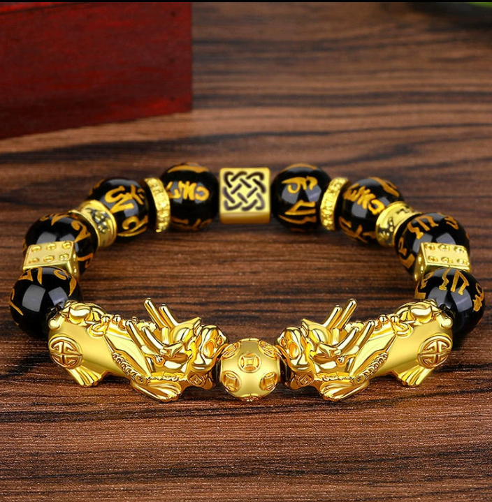 Double Pixiu obsidian bracelet face to face gold fortune bead center Taoist KaiGuang wealth attraction dark wood
