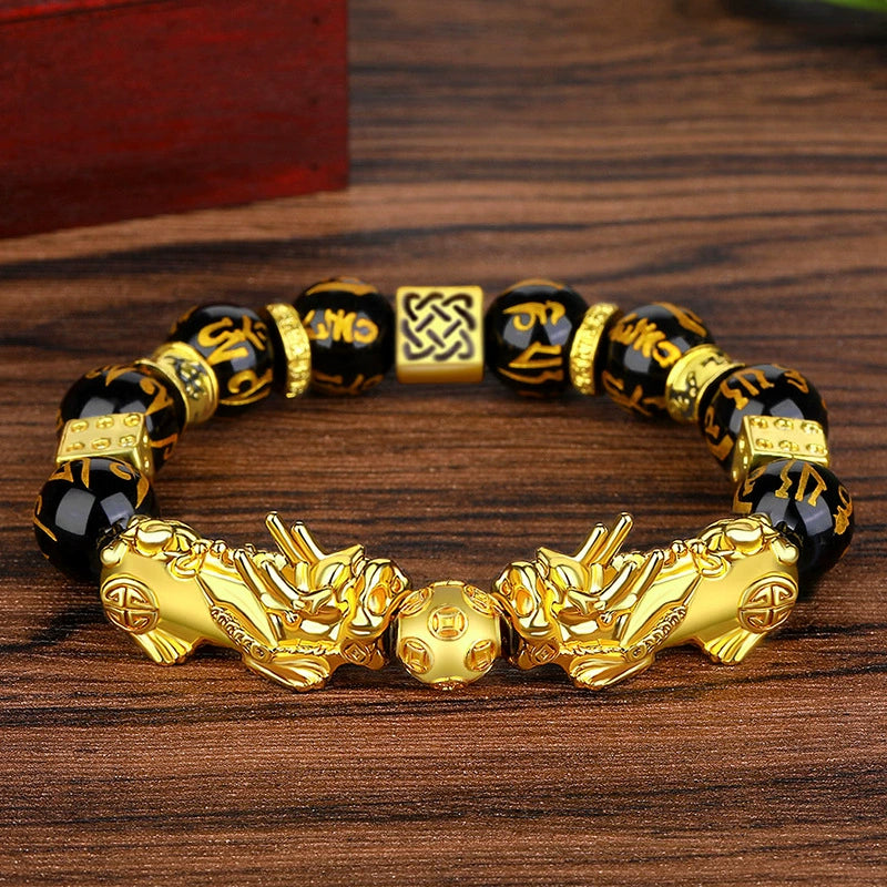 Double Pixiu black obsidian bracelet gold fortune bead six syllable mantra Taoist KaiGuang wealth attraction warm light wood